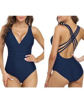 NWT Hilor Women's One Piece Swimsuit Tummy Control V-Neck Criss Cross Size 16